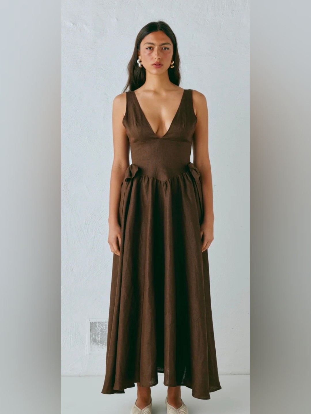 Vrg Grl Daphne Linen Midi Dress Chocolate Size Au Size 12/ Us Size 8